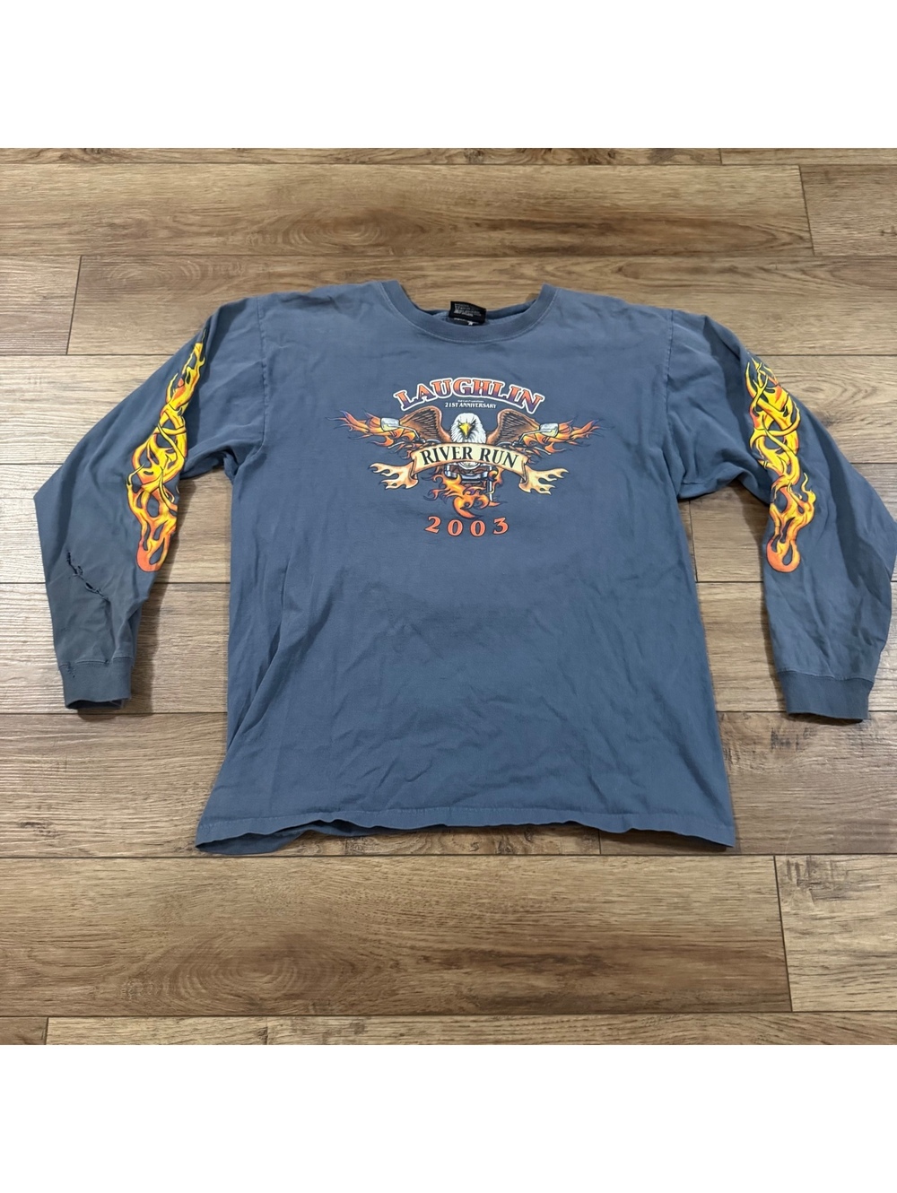 Vtg 2003 Laughlin River Run Long Sleeve Biker Shirt Flame Eagle Thrashed L